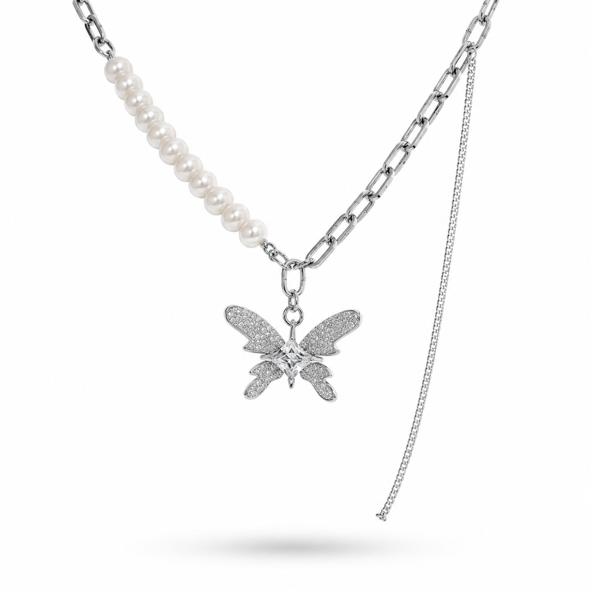 White Gold Plated Butterfly Pearl Necklace  45+5 cm