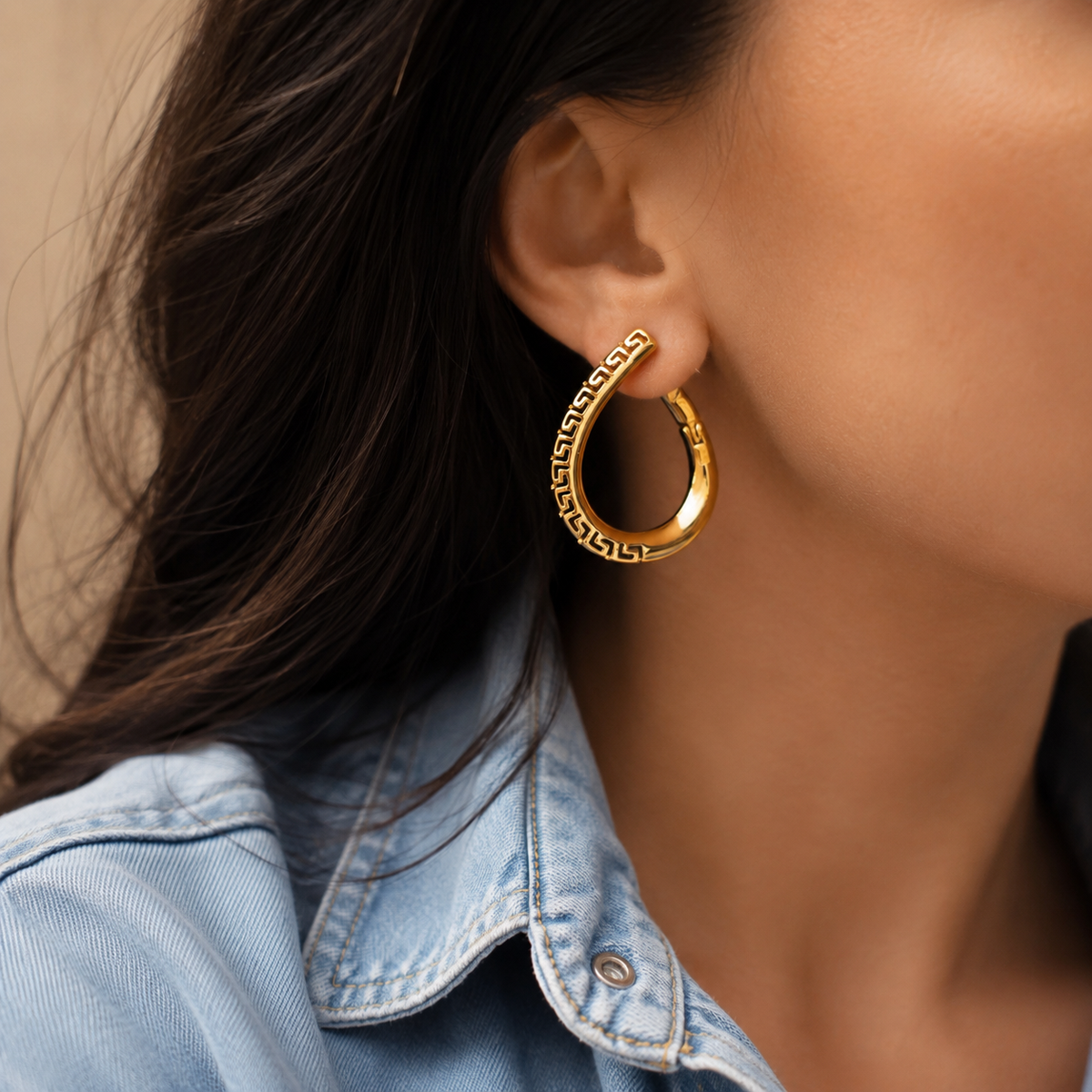 Rose Gold Plated Greek Key Hoop Earrings 30mm