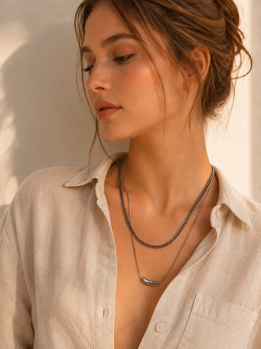 White Gold Plated Layered Necklace – Double Layer