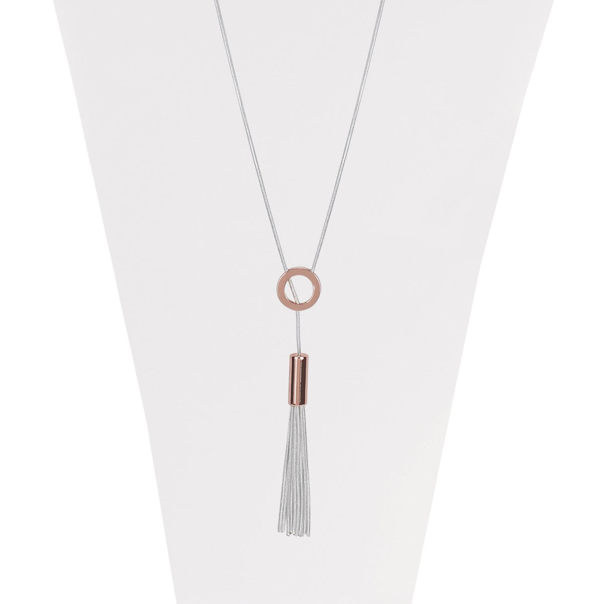Rose Gold long adjustable necklace with metallic ring and multi chains  tassel