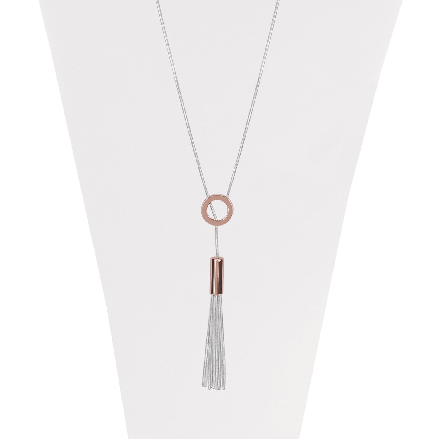 Rose Gold long adjustable necklace with metallic ring and multi chains  tassel