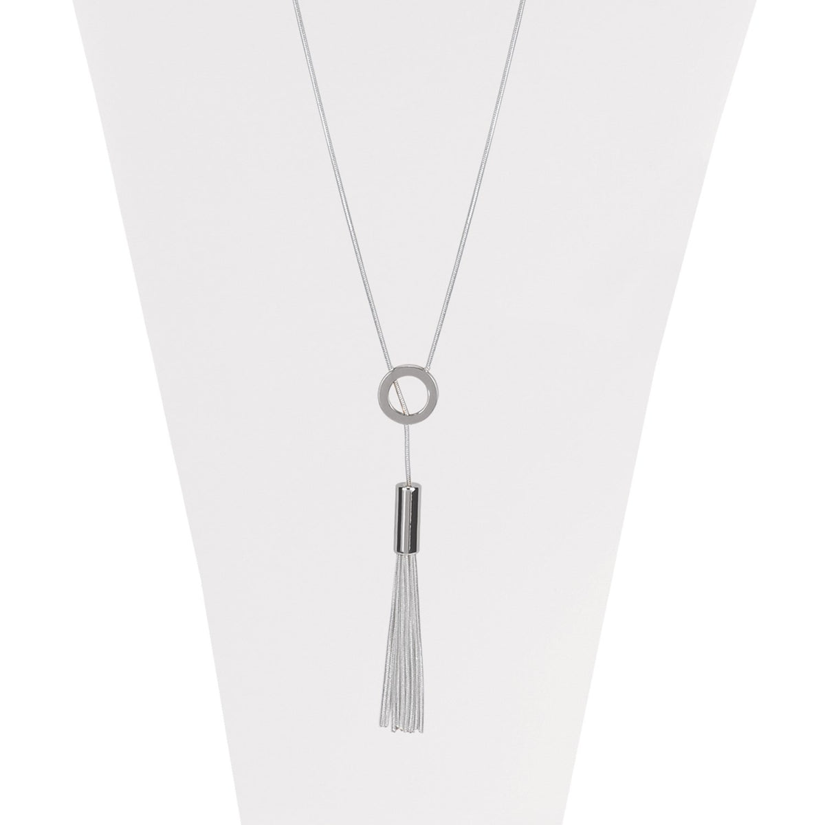 Silver long adjustable necklace with metallic ring and multi chain tassels