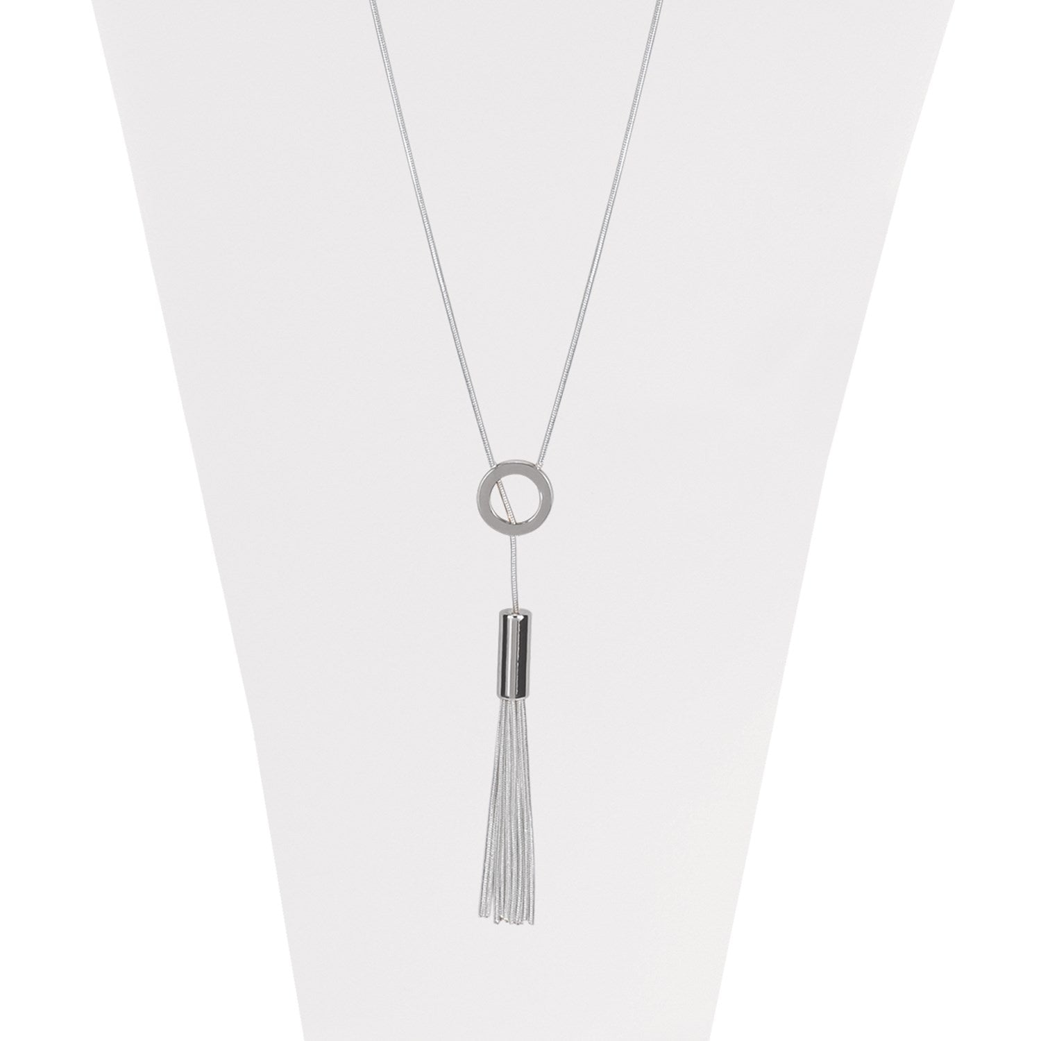 Silver long adjustable necklace with metallic ring and multi chain tassels