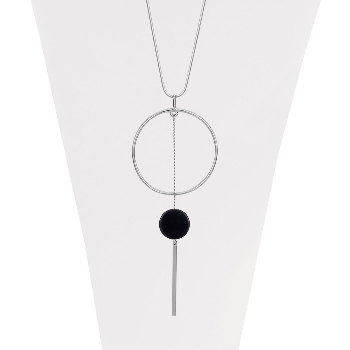 Silver adjustable necklace with thin ring, stick and black dot pendants