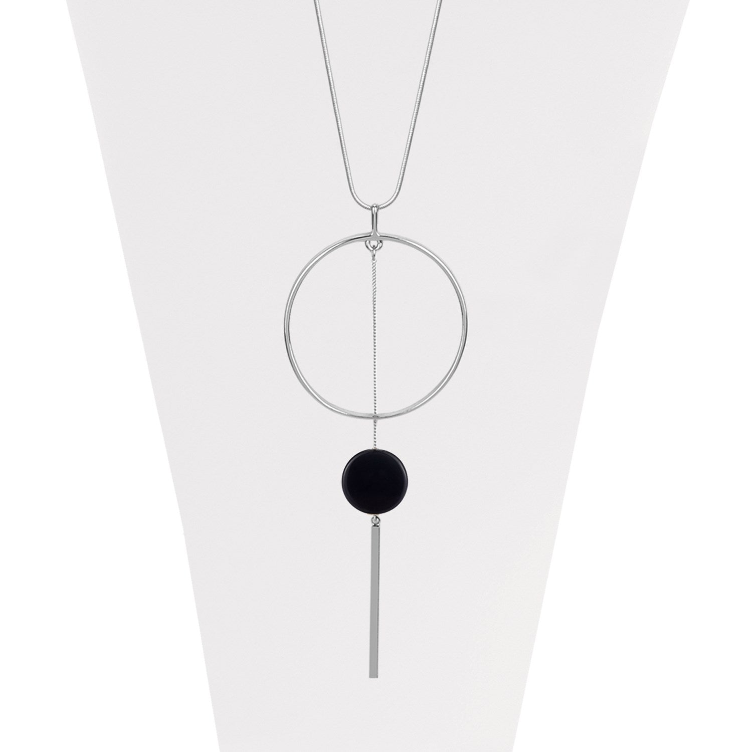 Silver adjustable necklace with thin ring, stick and black dot pendants