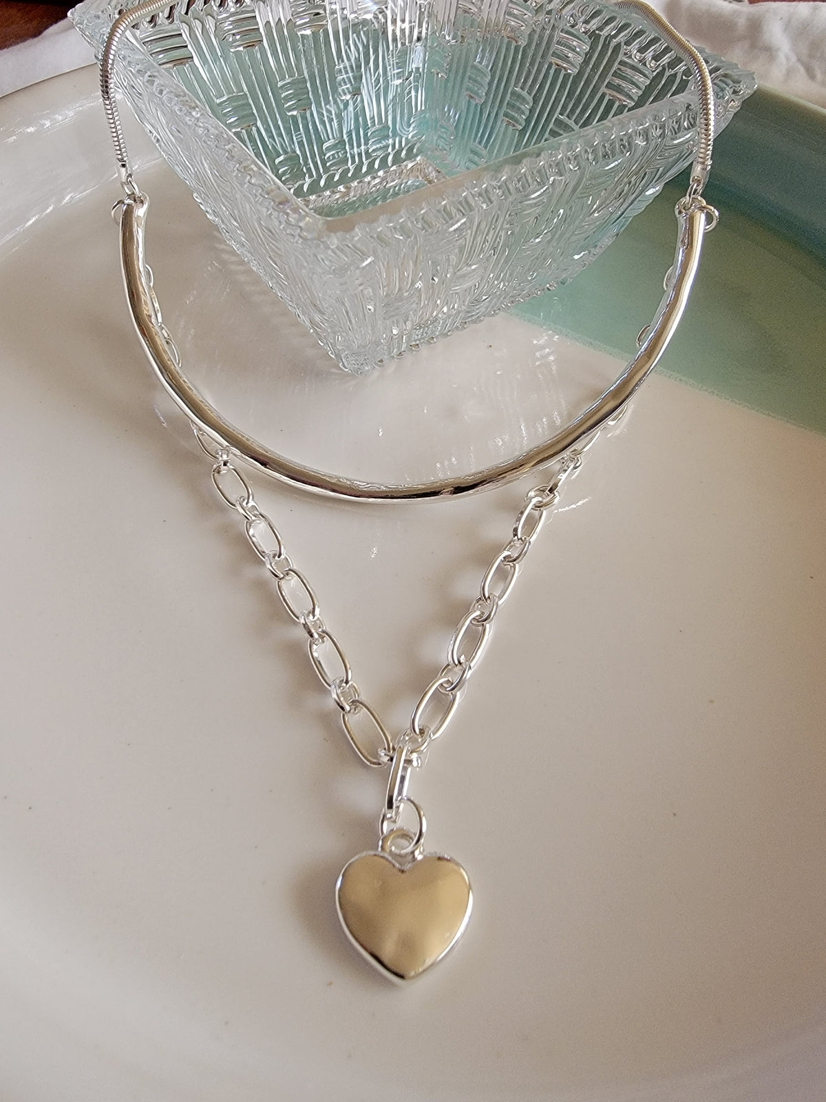 merx  fashion necklace silver chain and heart
