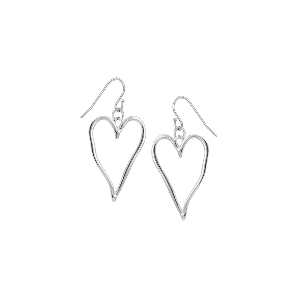 Silver  large wavy metallic drop heart earrings