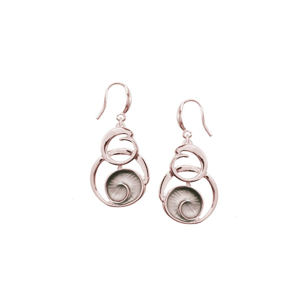 Taupe and rose gold metallic rings and painted swirl earrings on a hook 