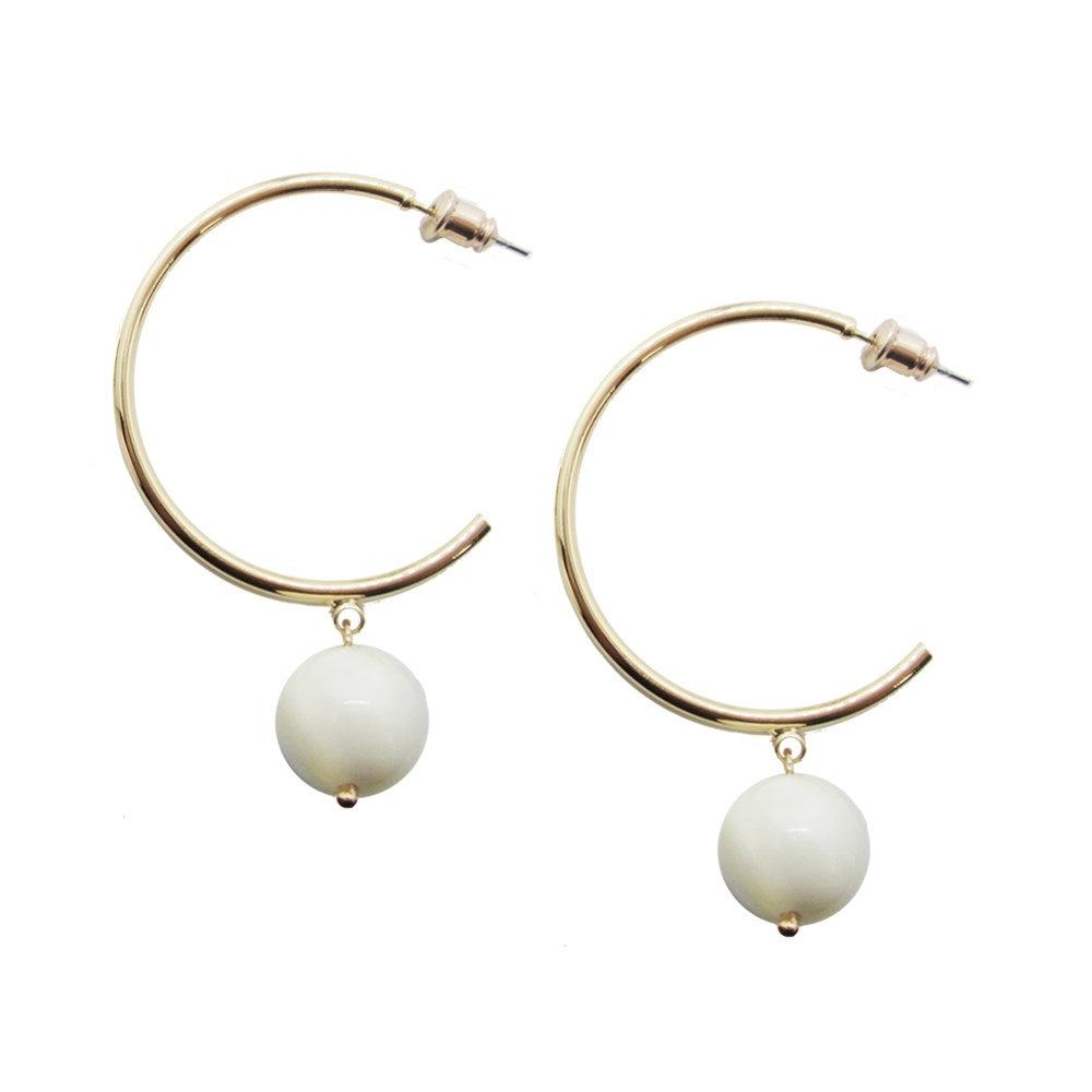 White and gold hoop earrings with bead drops