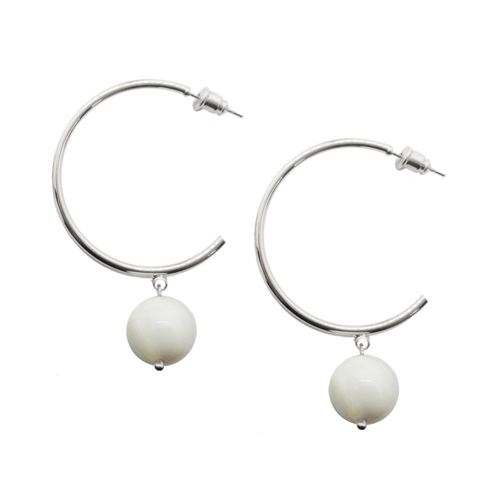 white and silver hoop earrings with bead drops