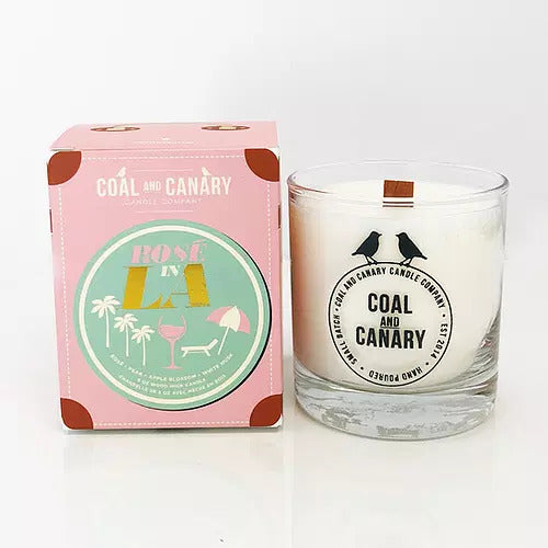 Coal and Canary Rose in La  glass jar candle and box