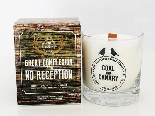 Coal and Canary Great Complexion and No Reception glass jar candle and box