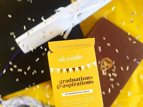 Coal &amp; Canary Graduations &amp; Aspirations boxed candle with confetti