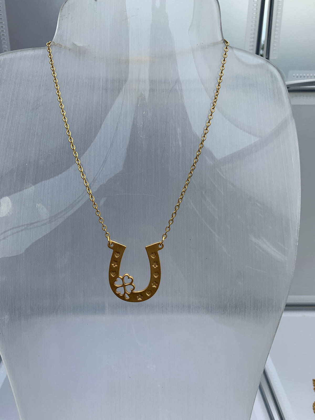 horseshoe and clover on a chain