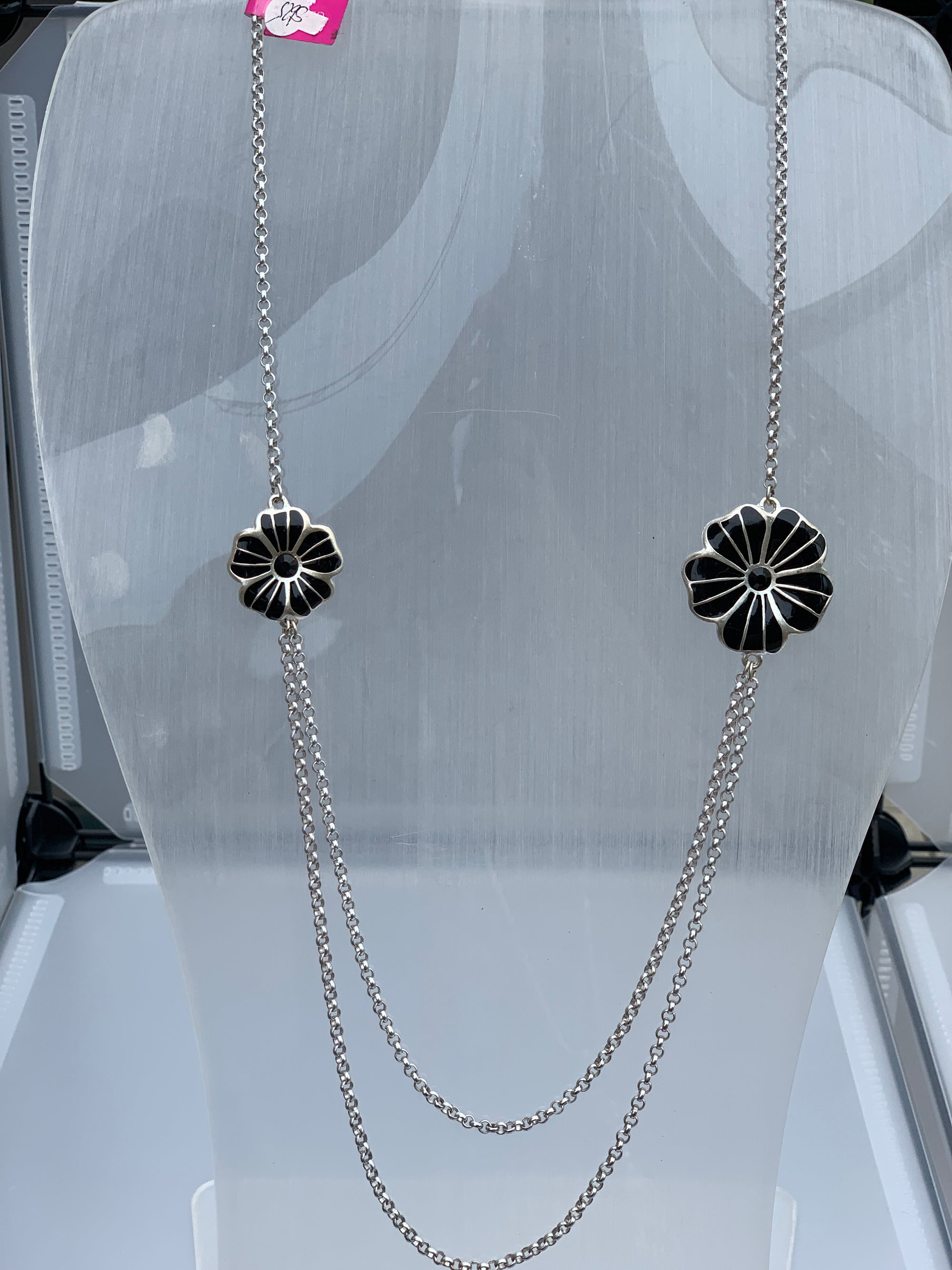 Black and Silver flowers with black stone on a chain