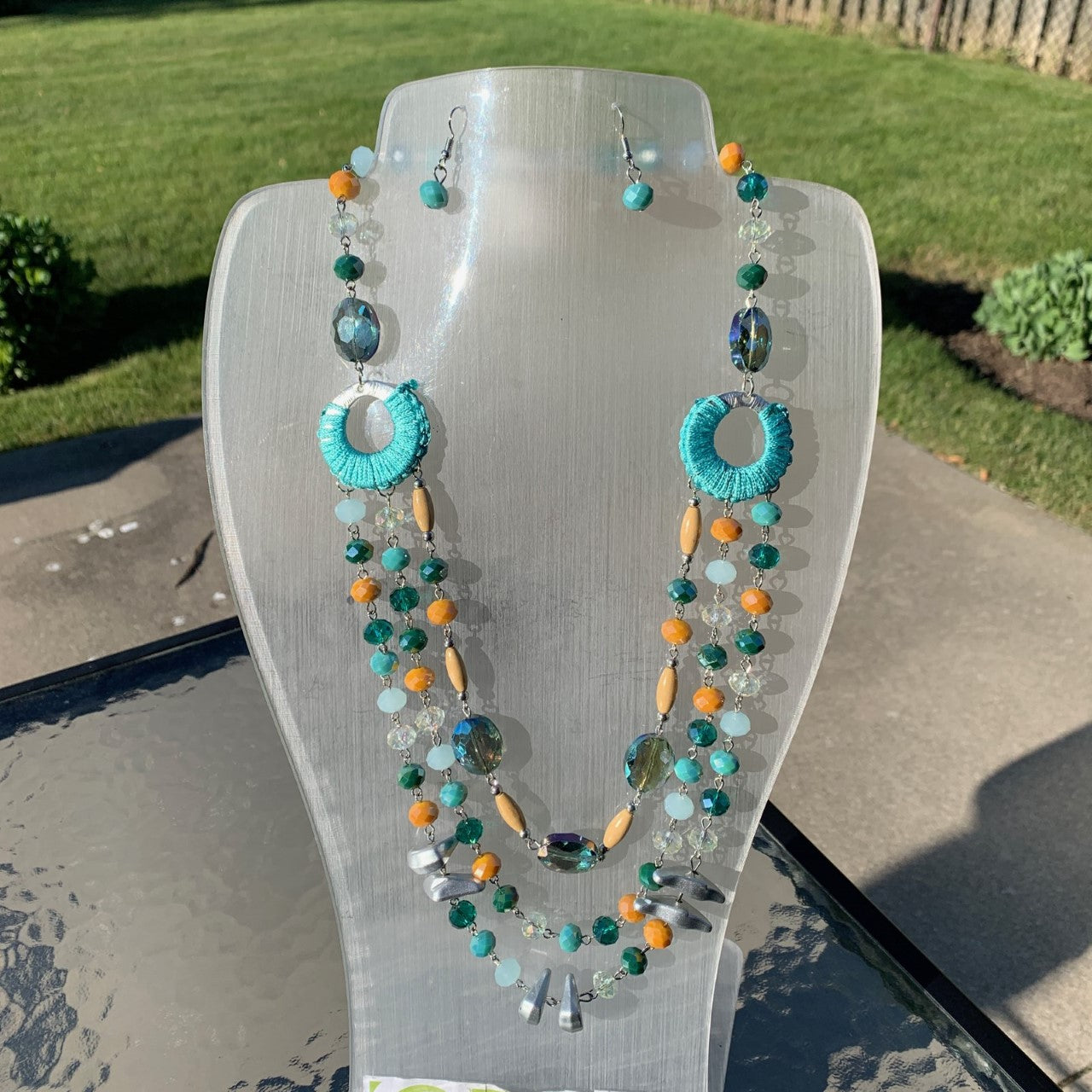 3 layer turquoise crystal fashion jewellery necklace and earring set