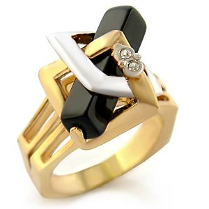 Brass ring with two tone plating with a semi-precious jet coloured onyx stone.  Centre stone size is 20.5mm and a product weight of 7.90g.