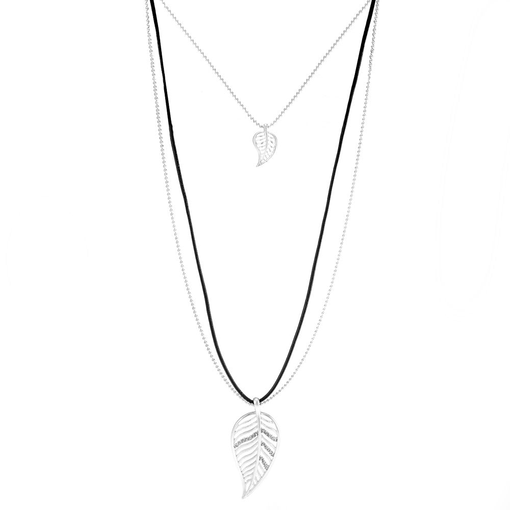 Merx fashion jewellery necklace small leaf and larger leaf with crystal accent on matt silver chain and black cord 