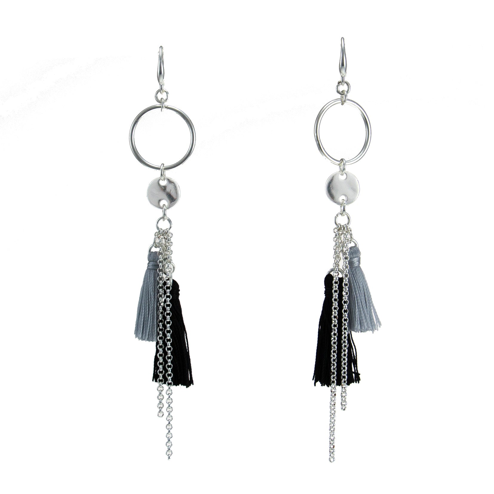 Merx fashion jewellery earring Shiny Silver Black large + Lt grey small tassel