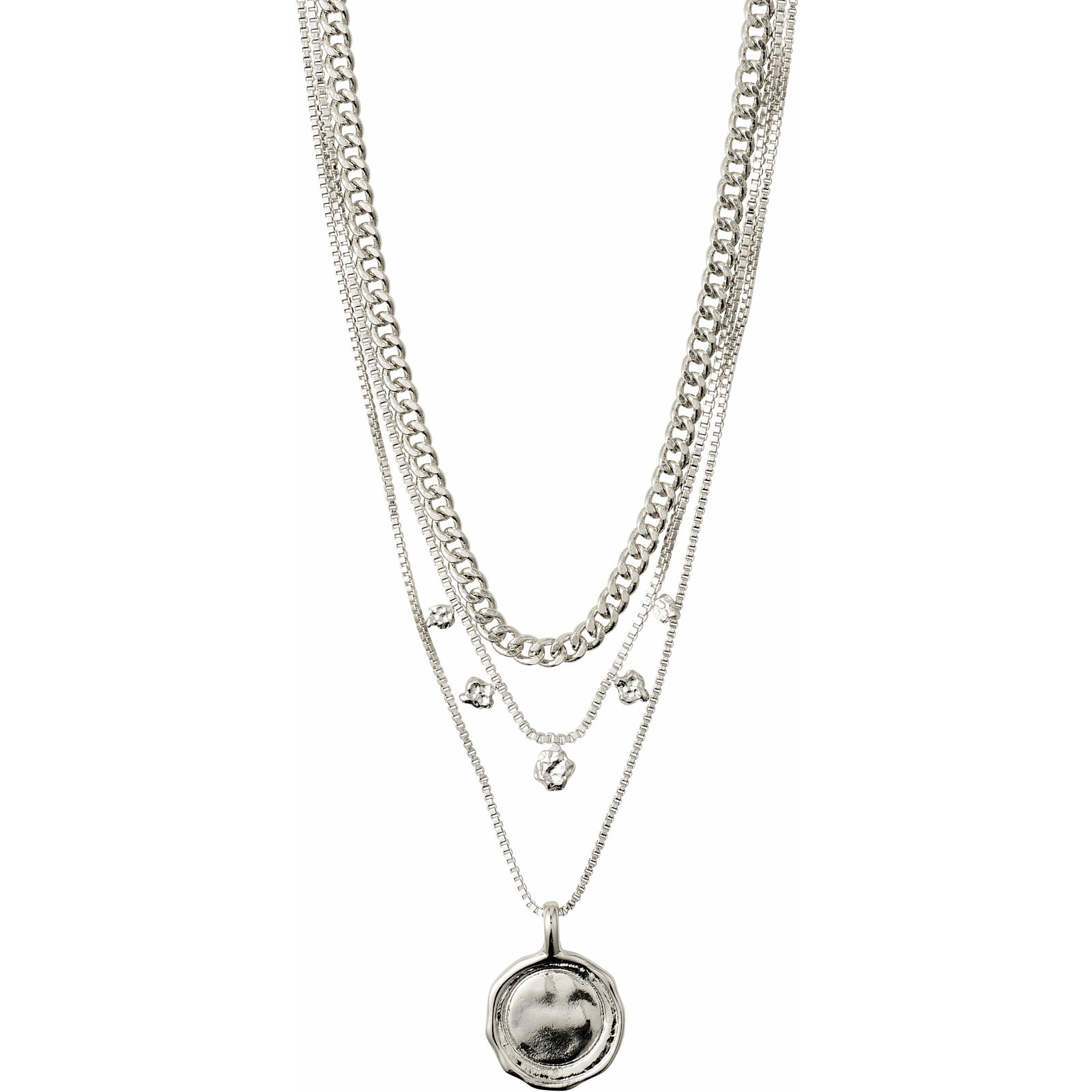 We've got the perfect necklace layering with this set from our Air collection. The three necklaces include a curb link chain, a box chain with small hammered pendants and a longer box chain necklace holding a vintage style coin amulet.   Handmade with heart.  Danish design.   silver plated.  More information: - Chain measures 38cm with a 9cm ext