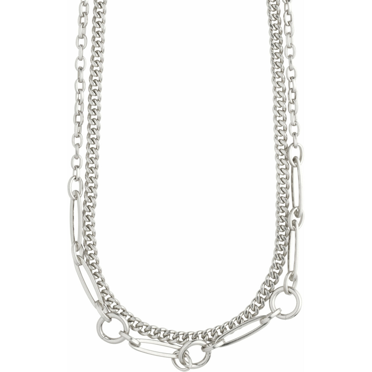 Can&#39;t go wrong with this 2-in-1 set! The curb link chain layers perfectly with the unique open work, edgy chain design, special to Pilgrim.   Handmade with heart.  Danish design.   silver plated.  More information: - Curb link chain measures 48cm in length. - Open work chain measures 50cm in length