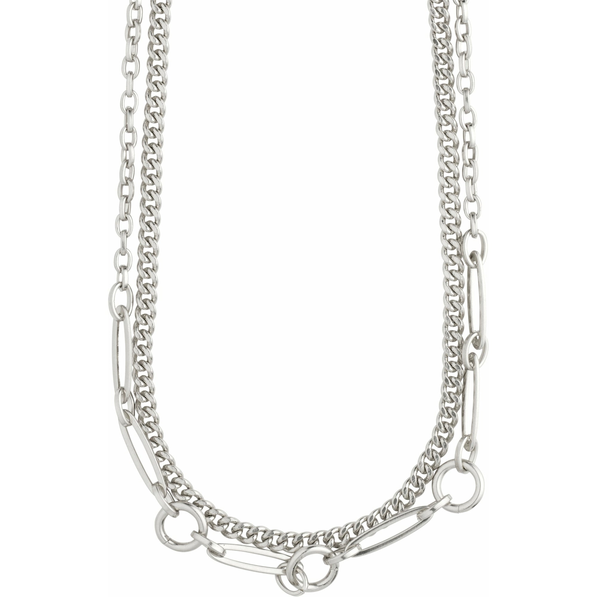 Can't go wrong with this 2-in-1 set! The curb link chain layers perfectly with the unique open work, edgy chain design, special to Pilgrim.   Handmade with heart.  Danish design.   silver plated.  More information: - Curb link chain measures 48cm in length. - Open work chain measures 50cm in length