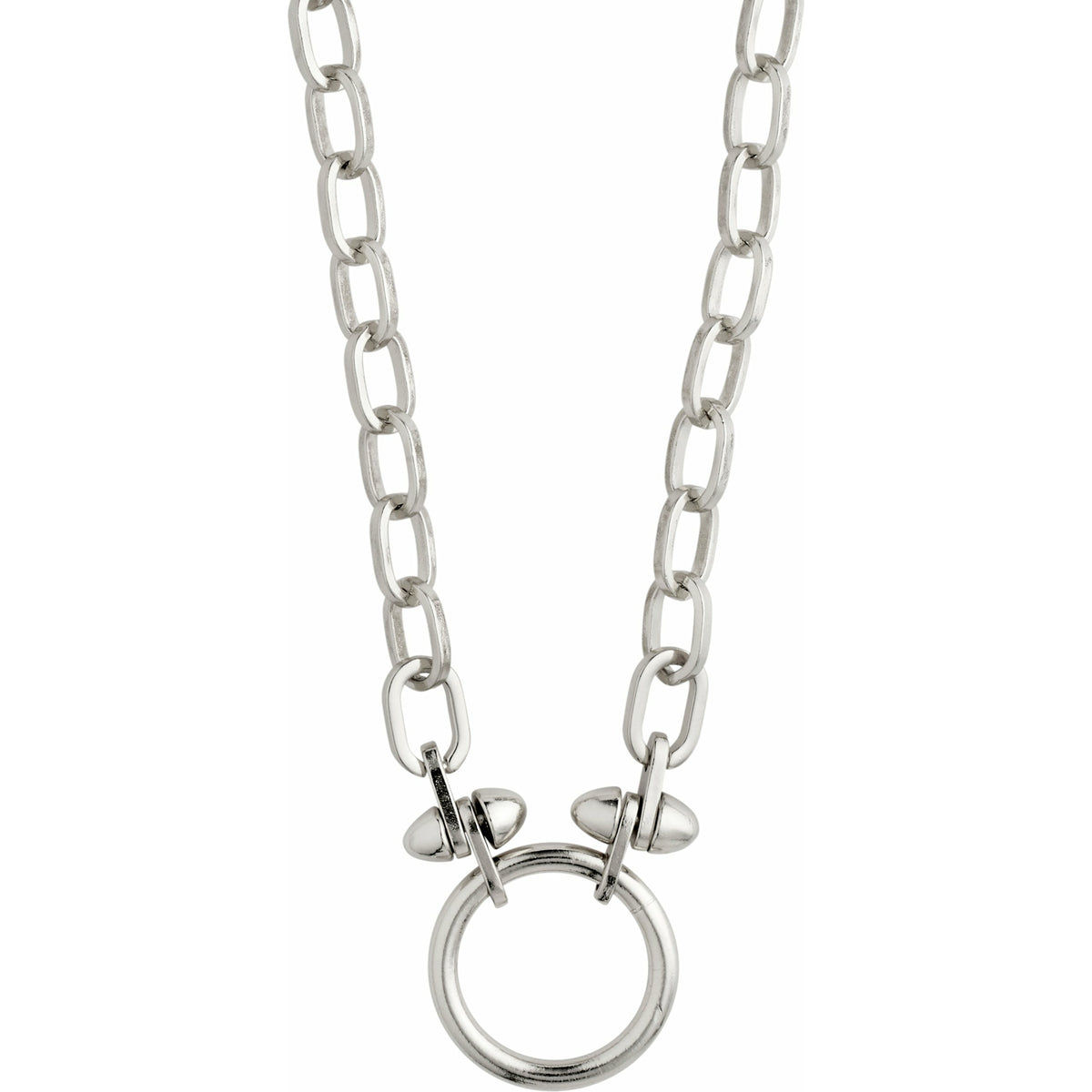 A thick, chunky chain with large cable links, meet at the centre to hold a bold ring to symbolize unity. The two rounded rivets provide additional impact. Polished finish.    Handmade with heart.  Danish design.   silver plated.  More information: - Chain measures 40 cm chain + 9 cm extension chain