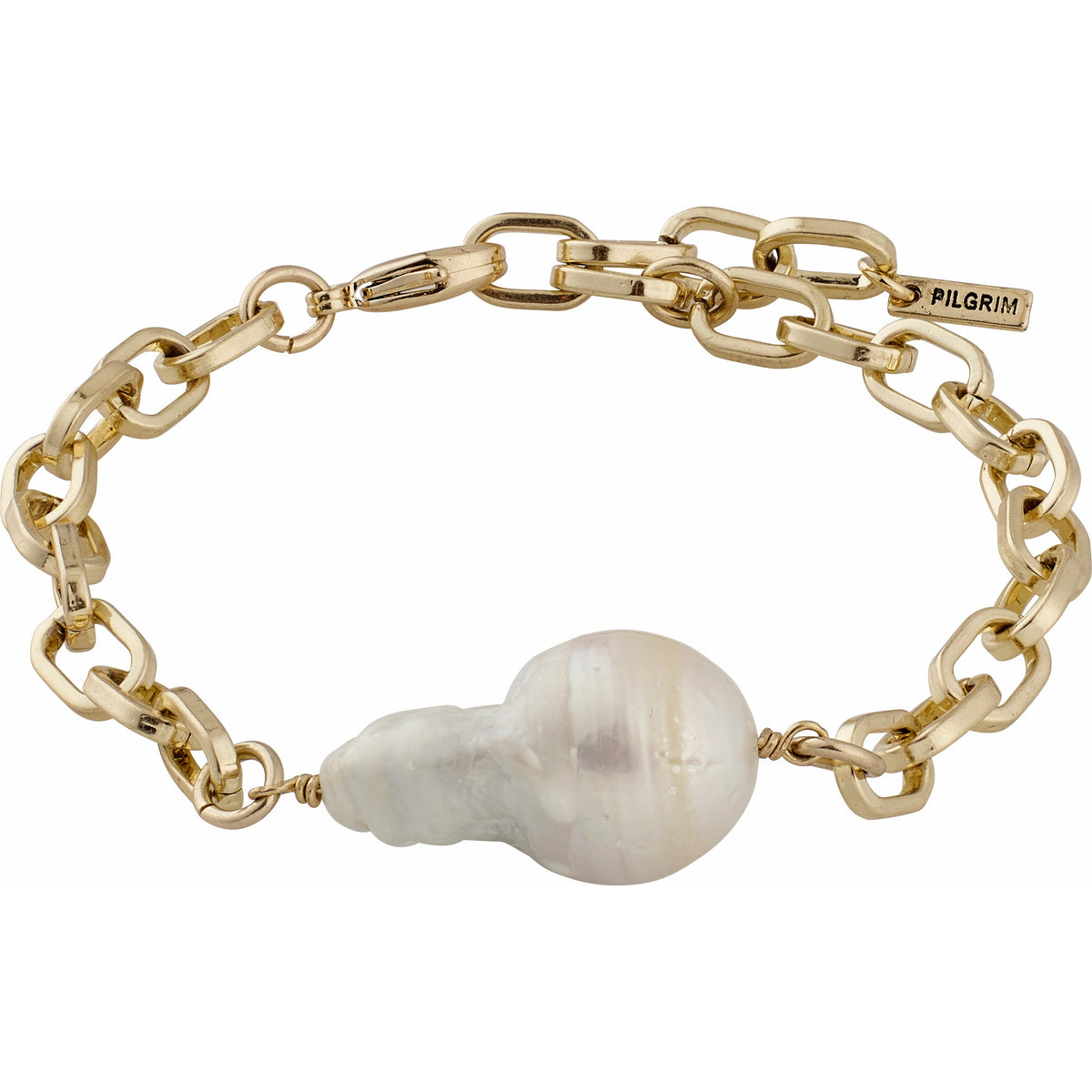 A large freshwater pearl is the focus in this elegant cable link chain bracelet, oozing Nordic coolness and timeless elegance. From the gracefulness collection, these pearls represent poise and inner calm with their soft colour and shape. Polished finish. Handmade with heart.  Danish design.  Safe for sensitive skin.  Gold  plated.  More information: - Length measures 16cm