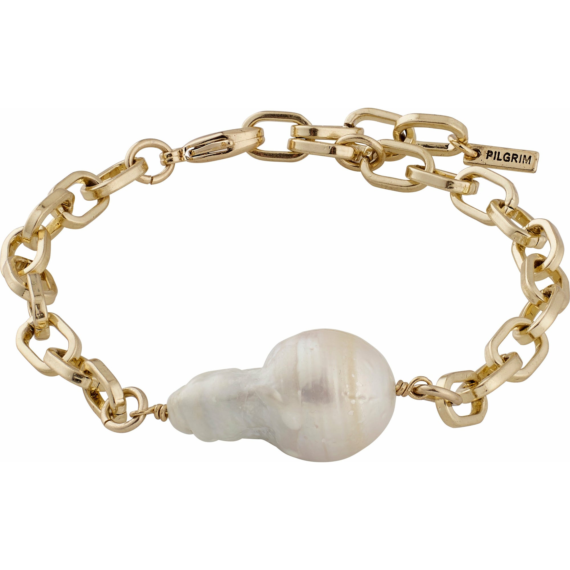 A large freshwater pearl is the focus in this elegant cable link chain bracelet, oozing Nordic coolness and timeless elegance. From the gracefulness collection, these pearls represent poise and inner calm with their soft colour and shape. Polished finish. Handmade with heart.  Danish design.  Safe for sensitive skin.  Gold  plated.  More information: - Length measures 16cm