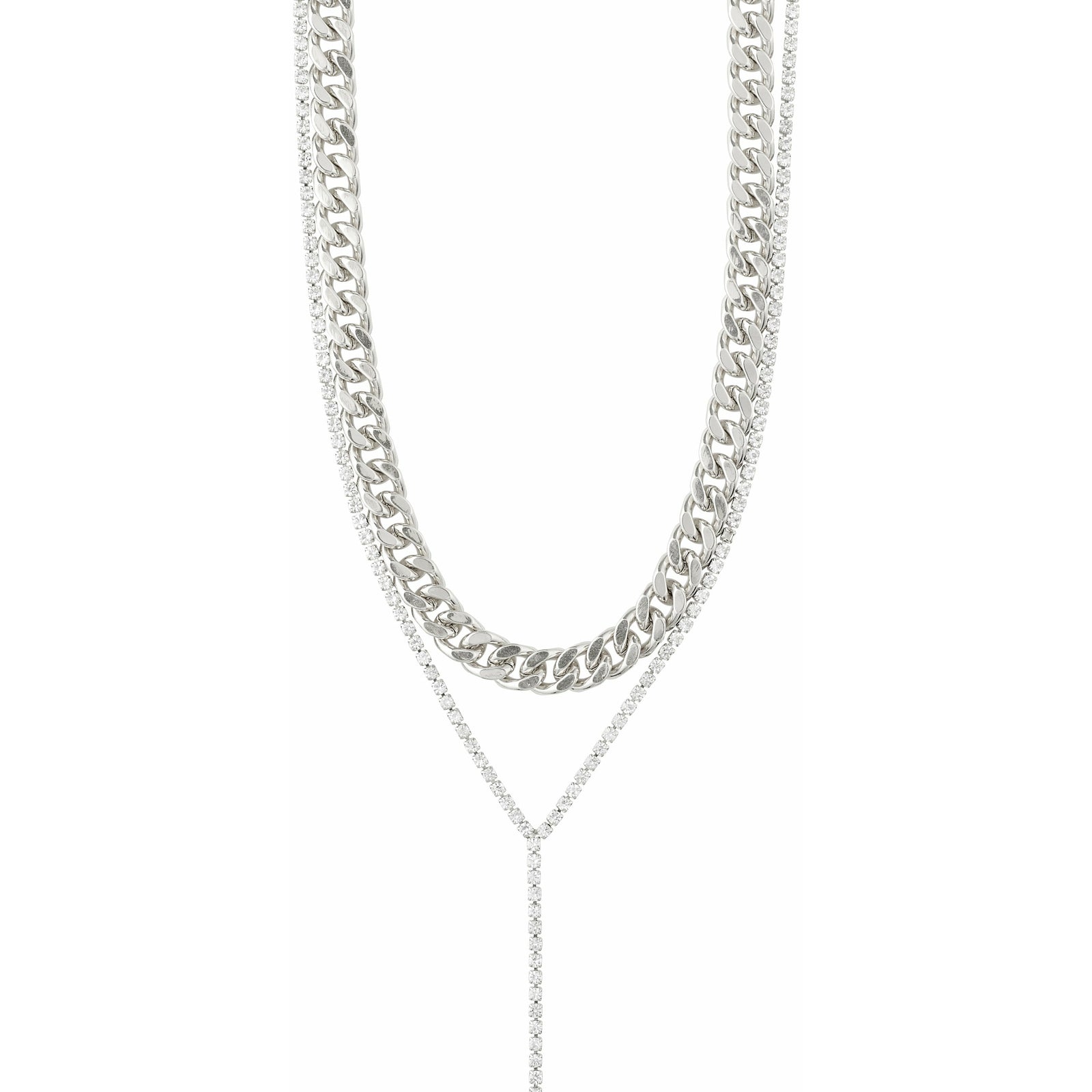 This set is from the Radiance collection. For us, Radiance is letting your inner energy and light shine. We captured this quality through the use of Preciosa crystals and polished finishings.  The curb chain and crystal embedded “y” chain can be worn separately  Handmade with heart.  Danish design..  silver plated.  - Curb chain measures 40 cm.  - Crystal chain measures 50 cm with a 9 cm extension chain.  - Grade-A Preciosa crystals