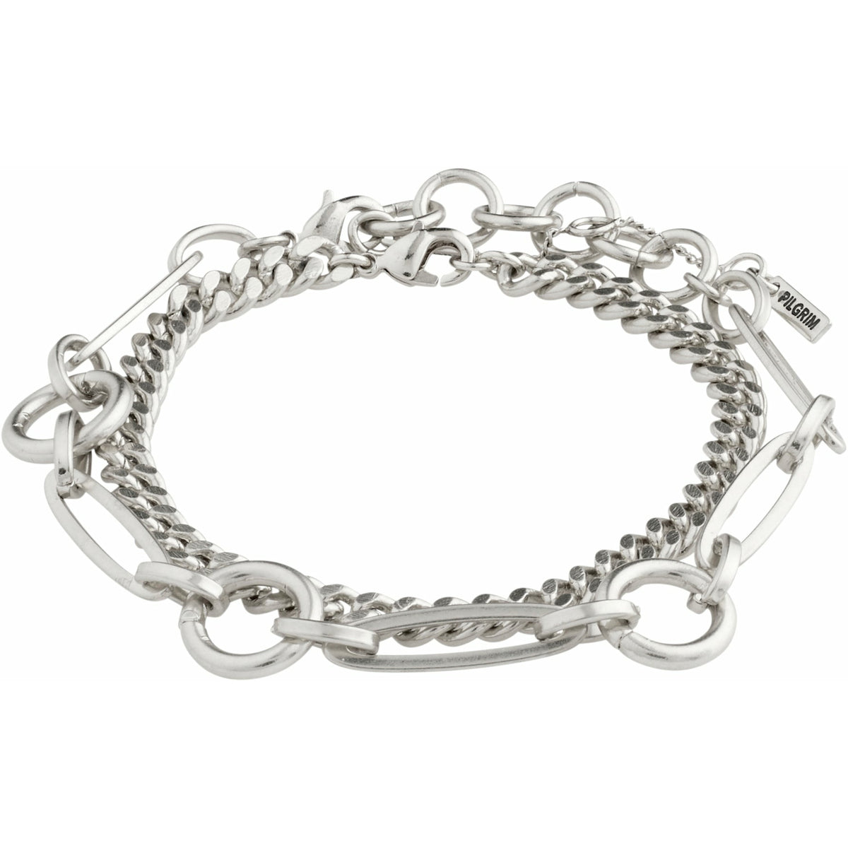 Can&#39;t go wrong with these two! This curb link chain layers perfectly with this unique open work chain design, special to Pilgrim.  These beautiful bracelets are part of our Sensitivity capsule. The bold designs represent sensitivity as a woman&#39;s strength  Handmade with heart.  Danish design.   silver plated.  More information: - Chains measure 20cm in length
