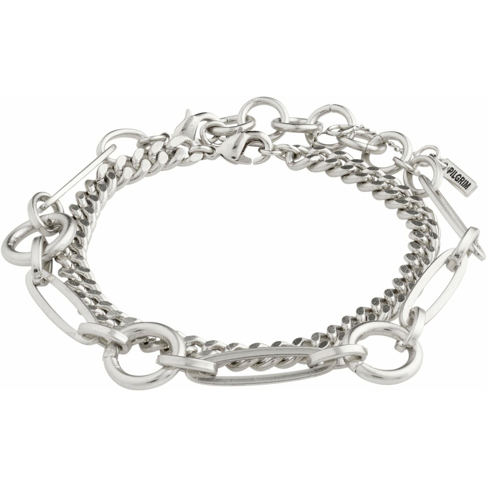 Can't go wrong with these two! This curb link chain layers perfectly with this unique open work chain design, special to Pilgrim.  These beautiful bracelets are part of our Sensitivity capsule. The bold designs represent sensitivity as a woman's strength  Handmade with heart.  Danish design.   silver plated.  More information: - Chains measure 20cm in length