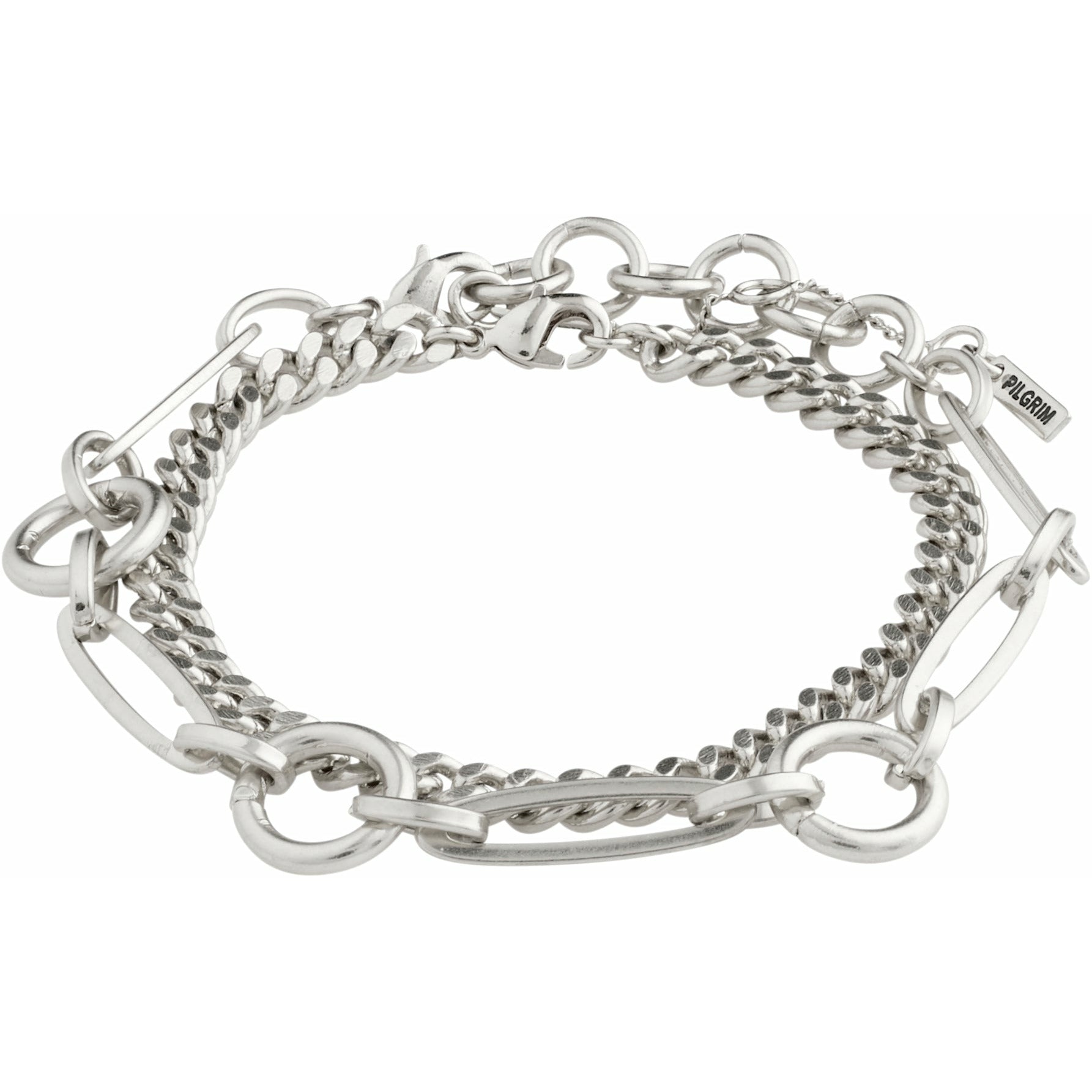 Can't go wrong with these two! This curb link chain layers perfectly with this unique open work chain design, special to Pilgrim.  These beautiful bracelets are part of our Sensitivity capsule. The bold designs represent sensitivity as a woman's strength  Handmade with heart.  Danish design.   silver plated.  More information: - Chains measure 20cm in length
