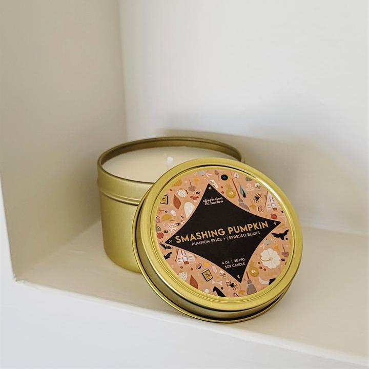 Charleston &amp; Harlow Smashing Pumpkin Gold Tin Candle 